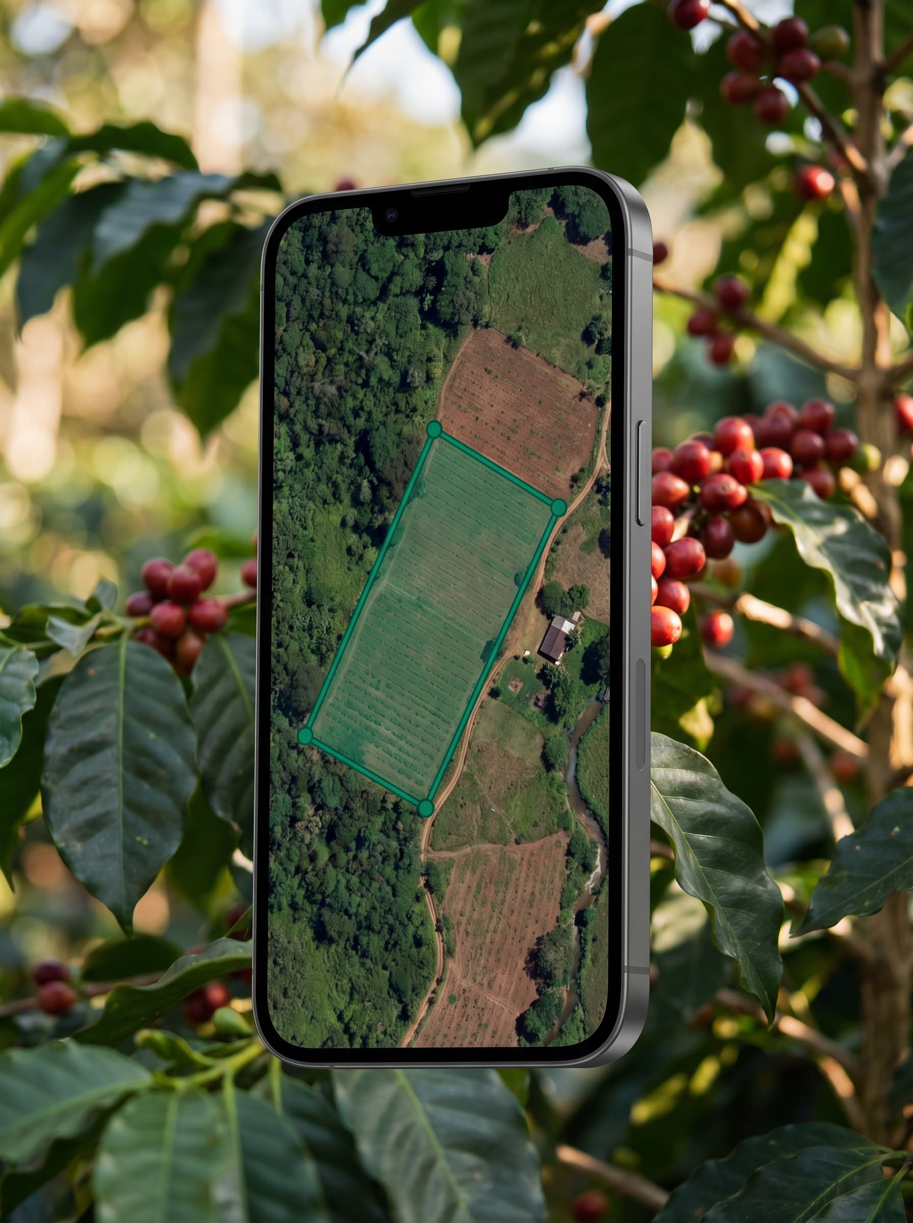 Smartphone showing a satellite map of a farm plot with a polygon outline being drawn around a cleared area