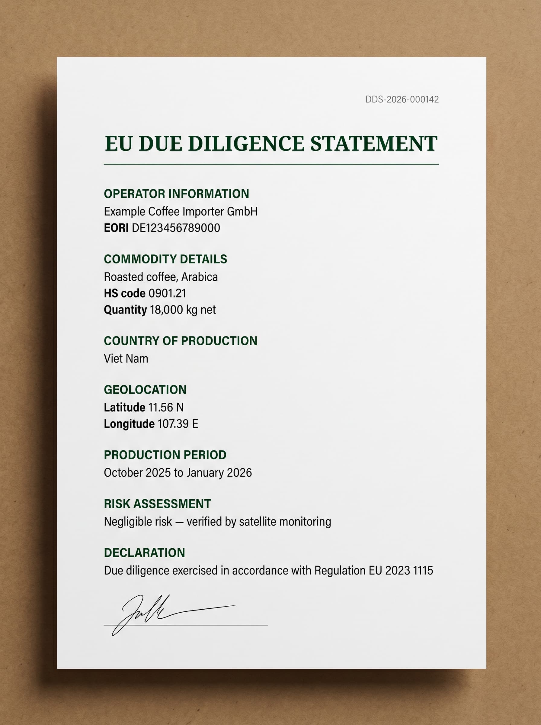 A printed EU Due Diligence Statement showing operator info, commodity details, and a negligible-risk declaration
